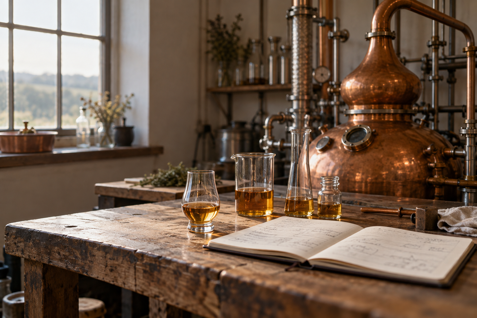 Copper distilling equipment, spirit samples and a working notebook